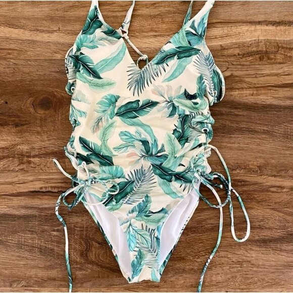 LA Hearts ✦ Palm Leaf One Piece Swimsuit ✦ Tropical Print Lace-Up Sides Size M - Picture 4 of 11